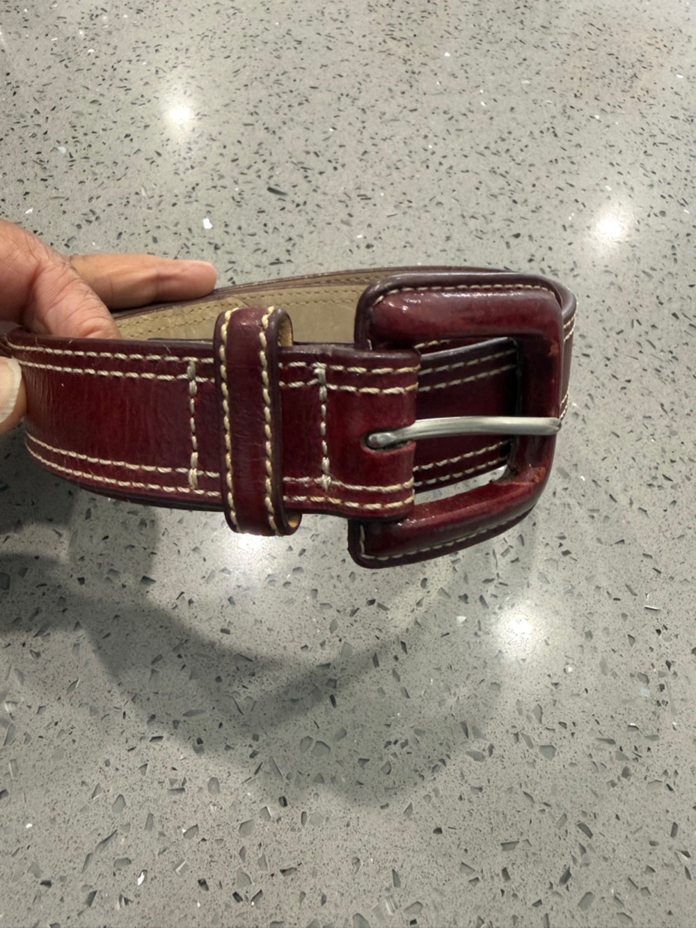WCM Burgundy Leather Belt with White Stitching